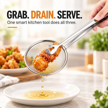 🔥 2-in-1 Stainless Steel Strainer Tongs – Grab, Drain & Serve with One Tool