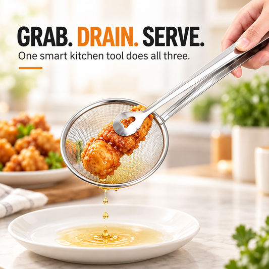 🔥 2-in-1 Stainless Steel Strainer Tongs – Grab, Drain & Serve with One Tool