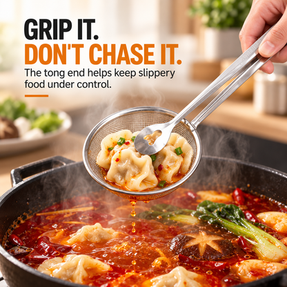 🔥 2-in-1 Stainless Steel Strainer Tongs – Grab, Drain & Serve with One Tool