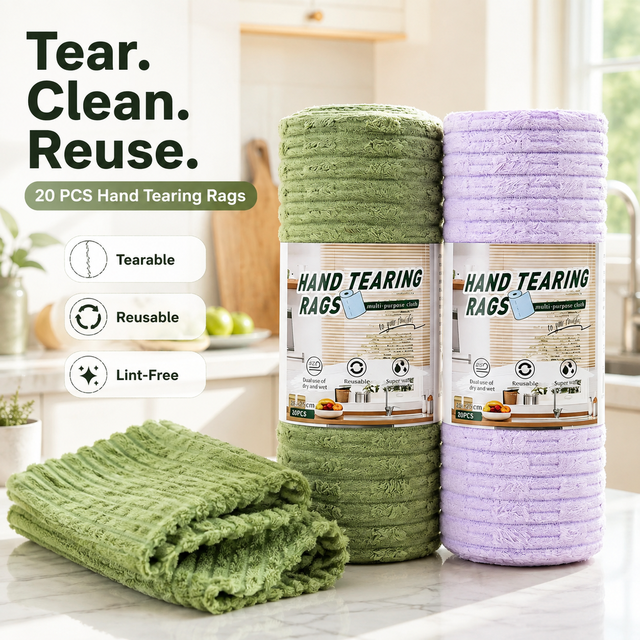 Pellucem 20-Pack Tear-Off Reusable Cleaning Cloths – Super Absorbent, Lint-Free & Streak-Free for Kitchen, Glass, Car & More