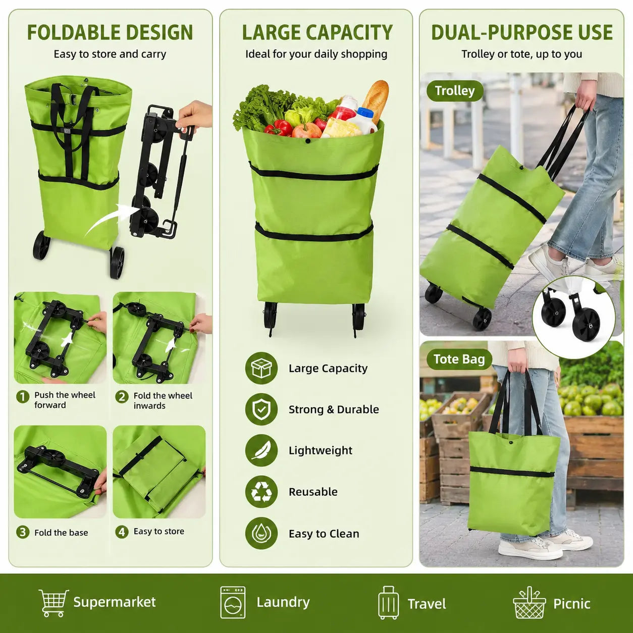 Pellucem 2-in-1 Foldable Shopping Trolley Bag with Wheels