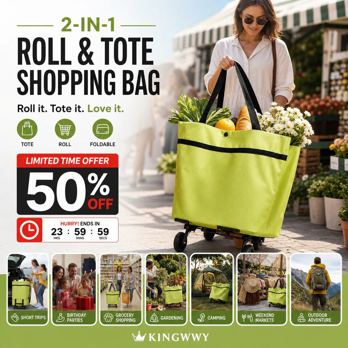 Pellucem 2-in-1 Foldable Shopping Trolley Bag with Wheels