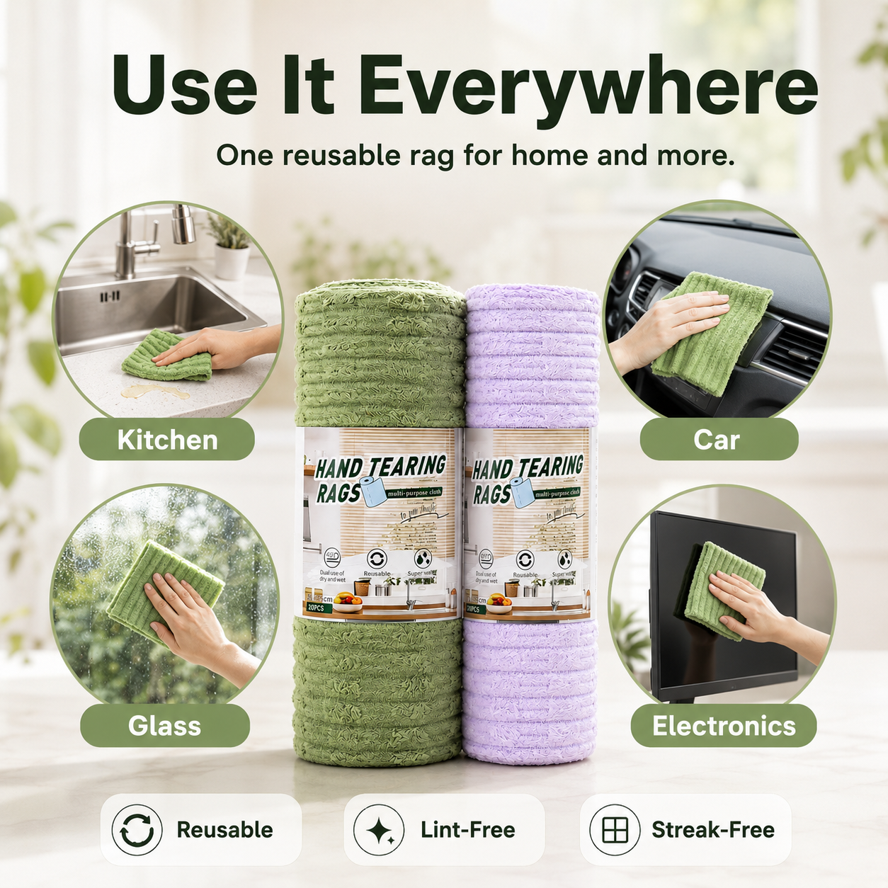 Pellucem 20-Pack Tear-Off Reusable Cleaning Cloths – Super Absorbent, Lint-Free & Streak-Free for Kitchen, Glass, Car & More
